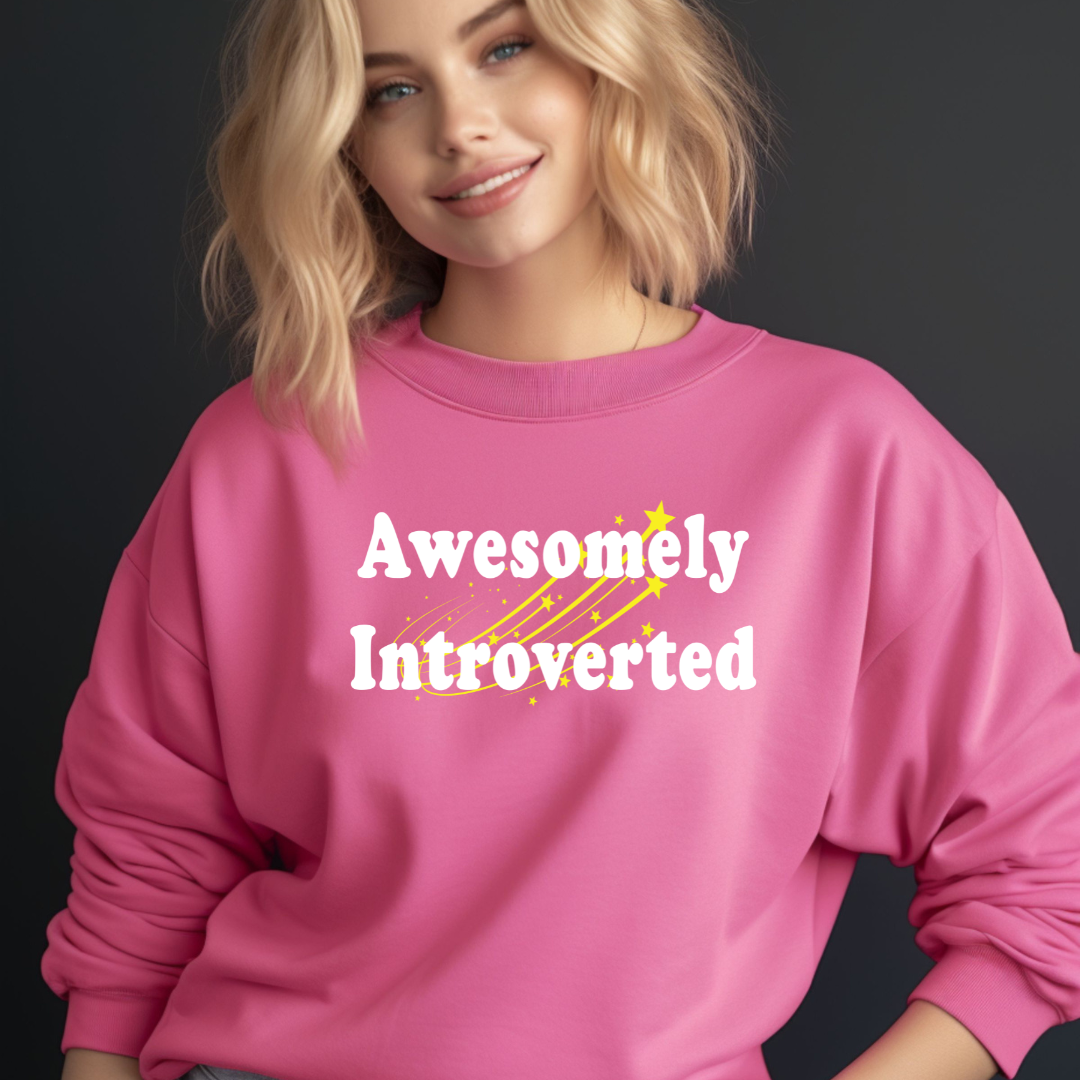 Awesomely Introverted Sweatshirt by Sincerely, An Introvert - Pink sweatshirt with introvert design.