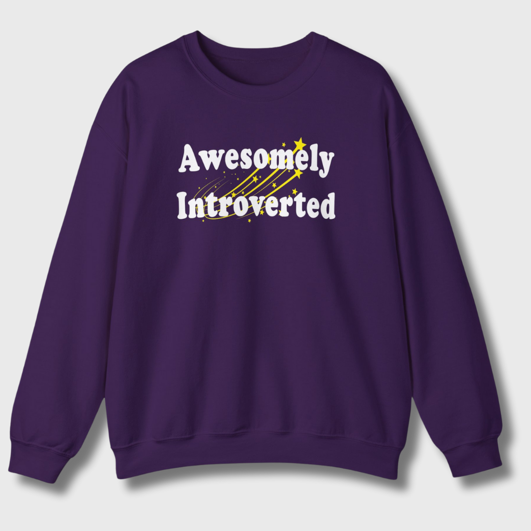 Awesomely Introverted Sweatshirt by Sincerely, An Introvert - Purple sweatshirt with introvert design.