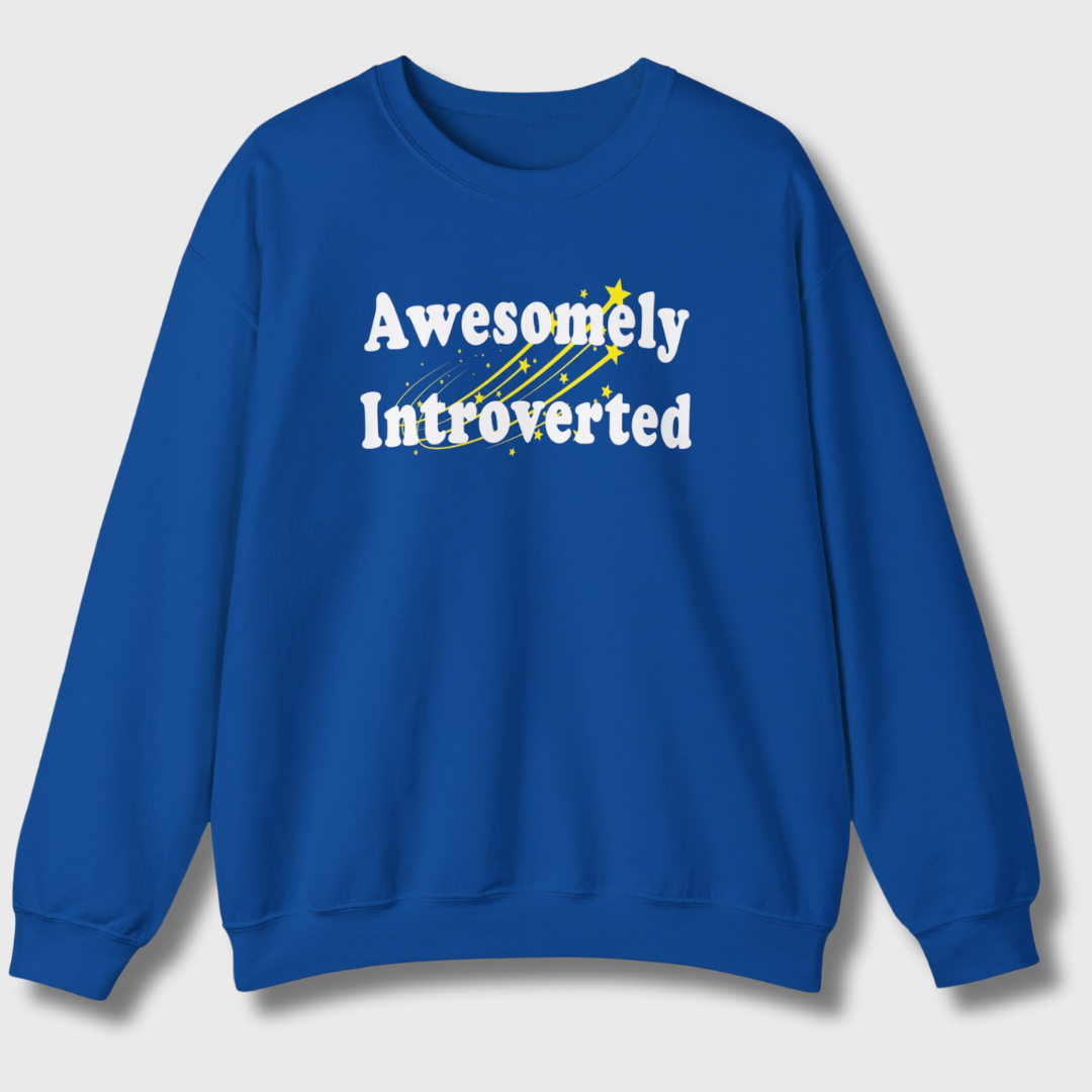 Awesomely Introverted Sweatshirt by Sincerely, An Introvert - Blue sweatshirt with introvert design.