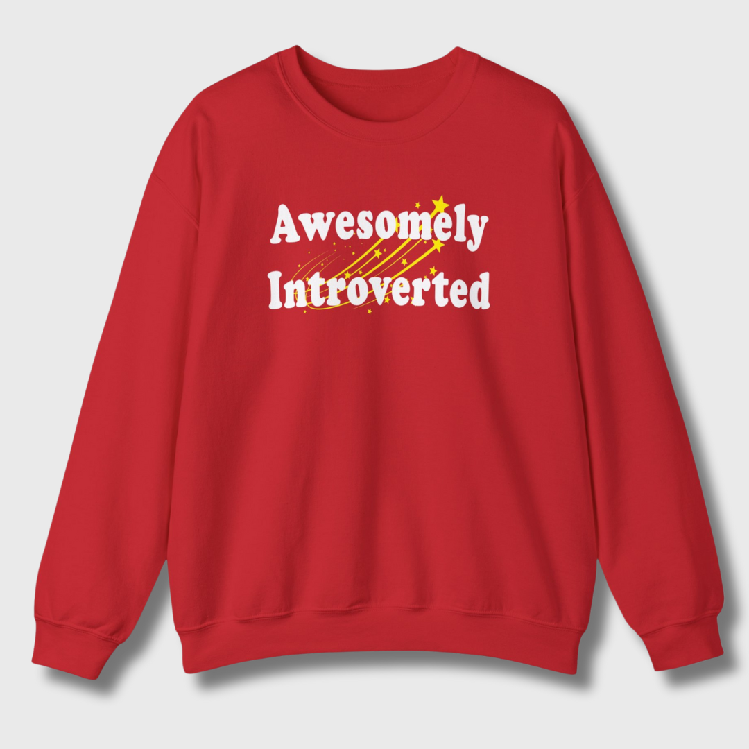 Awesomely Introverted Sweatshirt by Sincerely, An Introvert - Red sweatshirt with introvert design.